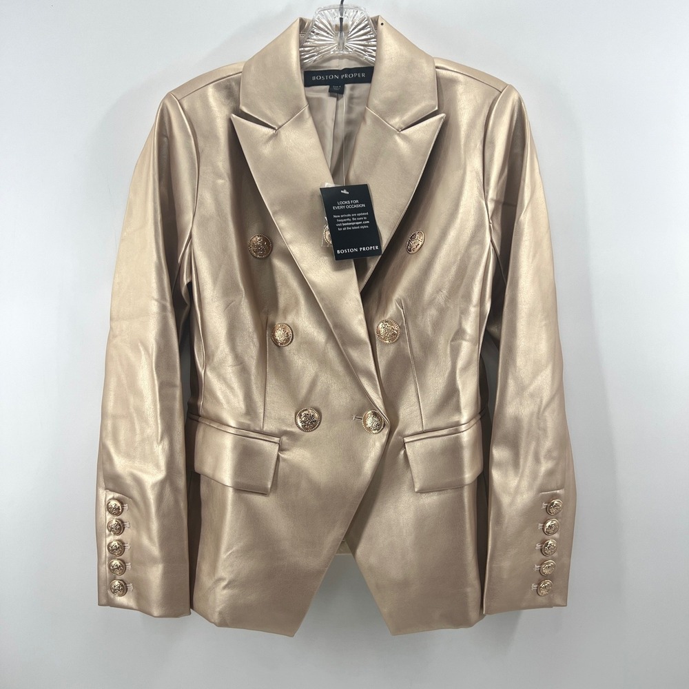Boston Proper Blazer Sz 4 Champagne Metallic Faux Leather Double Breasted Glam